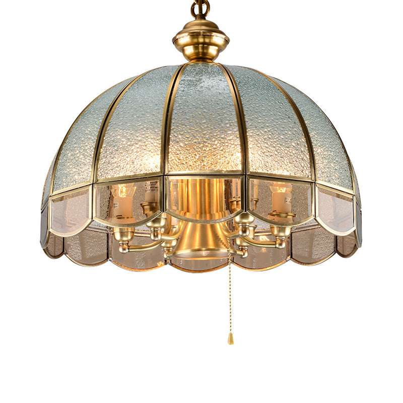 Hemisphere Study Room Chandelier Lighting Vintage Ripple Glass Gold Pendant Light with Pull Chain with Scalloped Edge