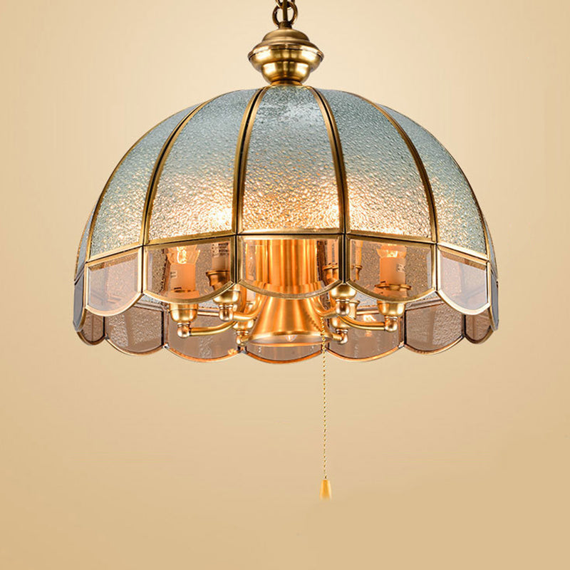 Hemisphere Study Room Chandelier Lighting Vintage Ripple Glass Gold Pendant Light with Pull Chain with Scalloped Edge