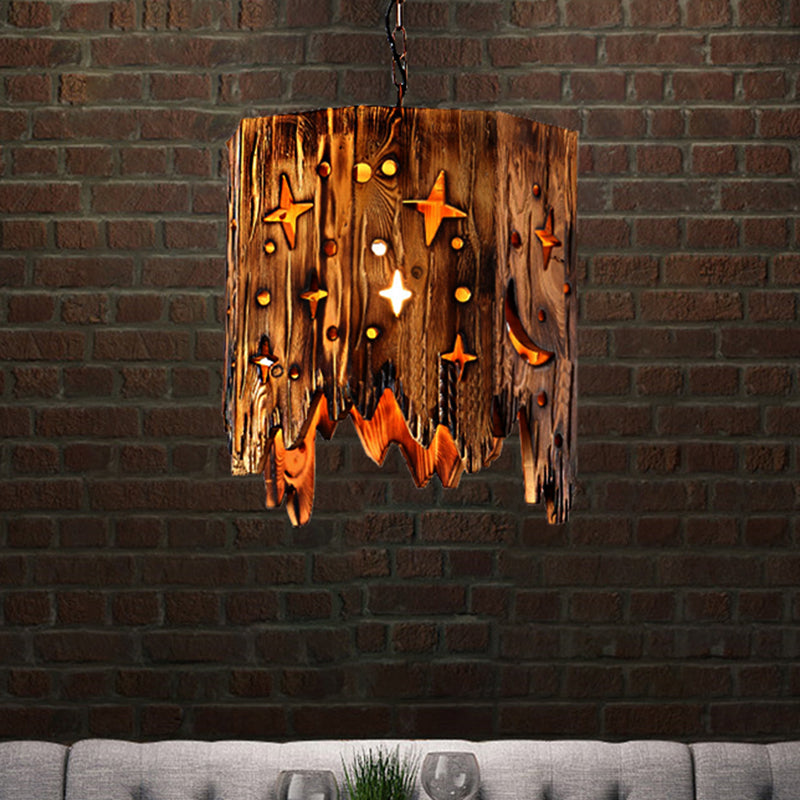 Vintage Cylinder Hanging Ceiling Light 1 Light Wood Pendant Lighting in Bronze with Etched Star