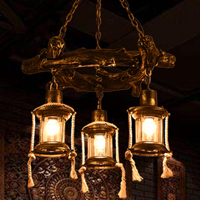 Bronze 3 Lights Chandelier Light Fixture Coastal Clear Glass Kerosene Pendant Lamp