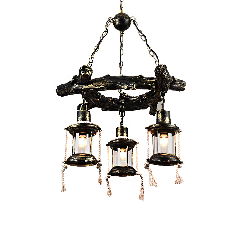 Bronze 3 Lights Chandelier Light Fixture Coastal Clear Glass Kerosene Pendant Lamp