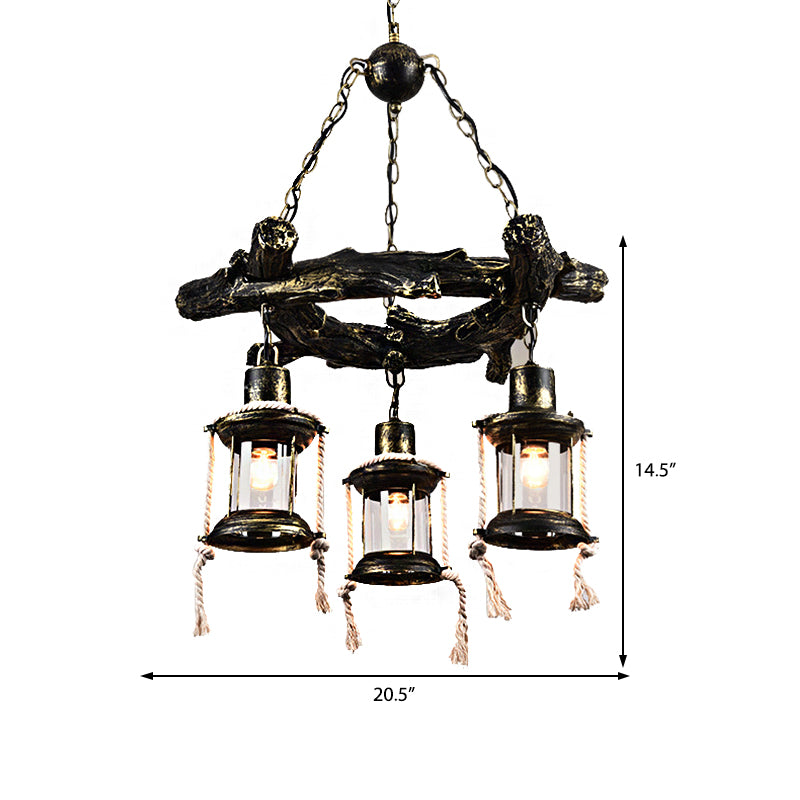 Bronze 3 Lights Chandelier Light Fixture Coastal Clear Glass Kerosene Pendant Lamp