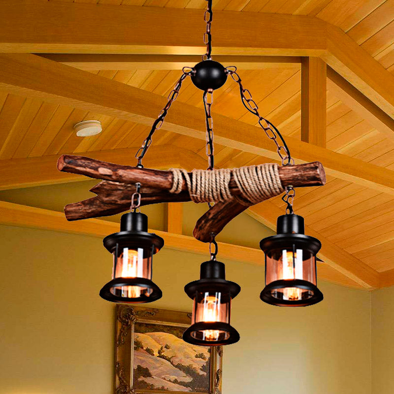 3 Lights Ceiling Light Coastal Style Lantern Clear Glass Hanging Chandelier in Black with Chain and Wood