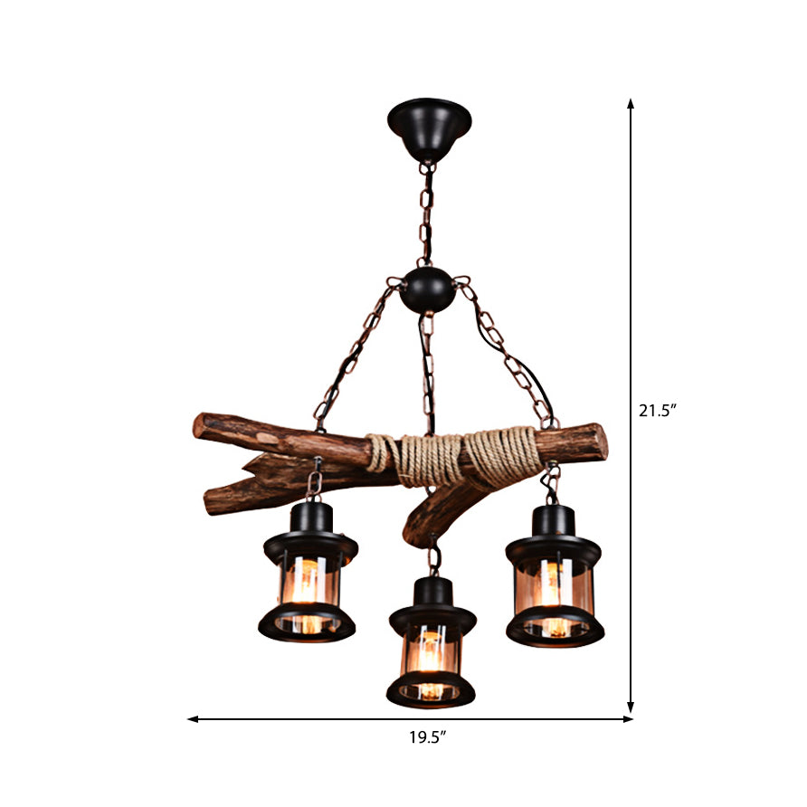 3 Lights Ceiling Light Coastal Style Lantern Clear Glass Hanging Chandelier in Black with Chain and Wood