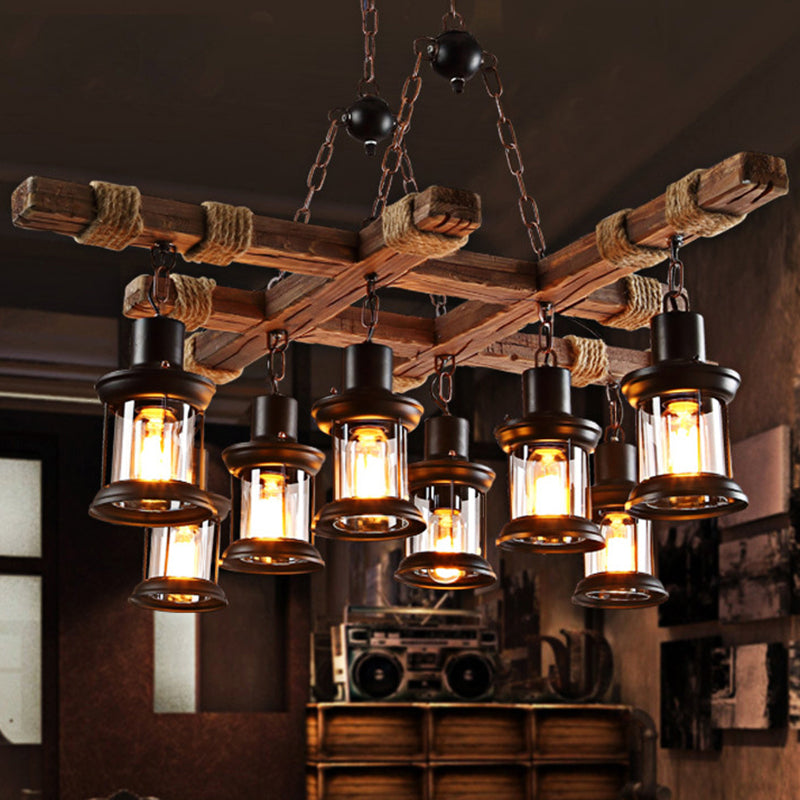 Black Lantern Chandelier Lamp Retro Industrial Clear Glass Multi Light Coffee Shop Hanging Light with Wood Frame