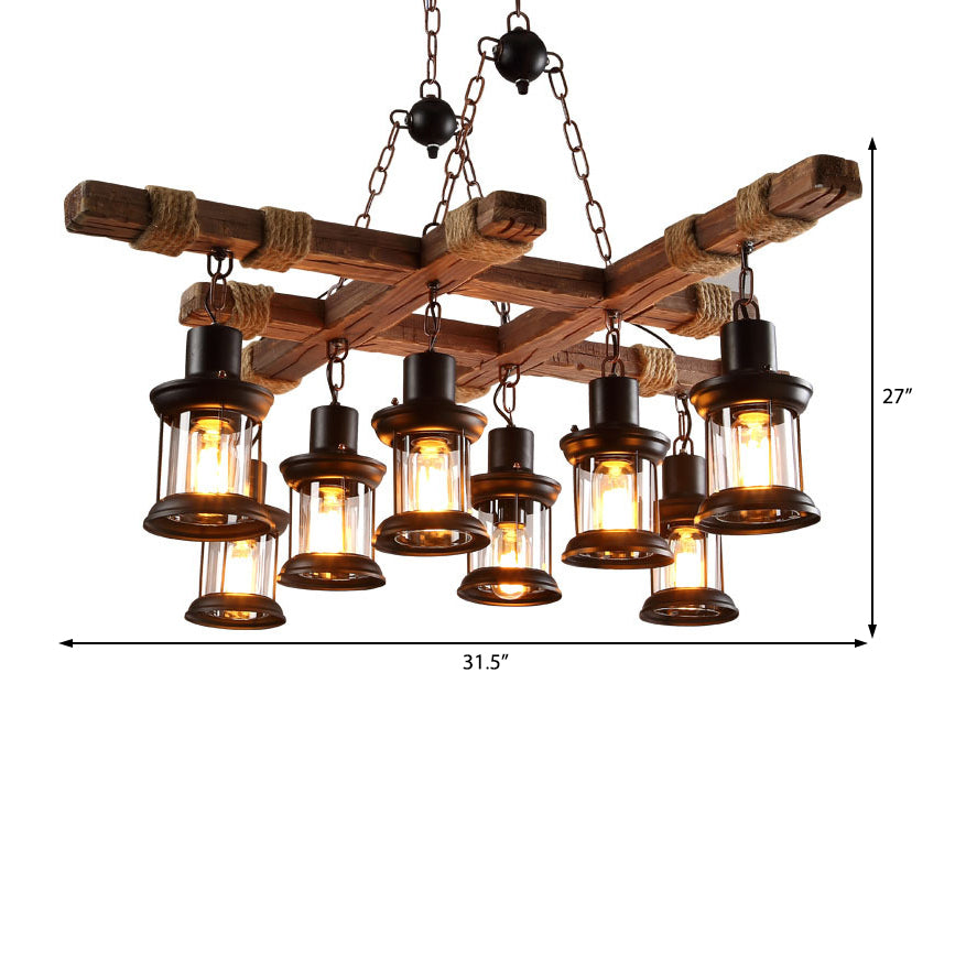 Black Lantern Chandelier Lamp Retro Industrial Clear Glass Multi Light Coffee Shop Hanging Light with Wood Frame