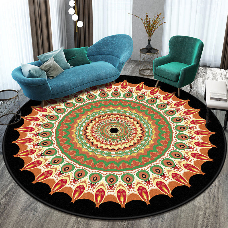 Bohemian Living Room Rug Multicolor Mandala Rug Polyester Stain Resistant Washable Anti-Slip Backing Rug for Hall