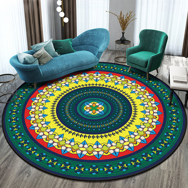 Bohemian Living Room Rug Multicolor Mandala Rug Polyester Stain Resistant Washable Anti-Slip Backing Rug for Hall