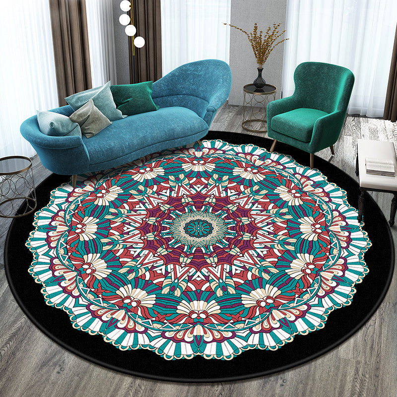 Bohemian Living Room Rug Multicolor Mandala Rug Polyester Stain Resistant Washable Anti-Slip Backing Rug for Hall