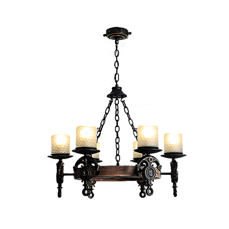 Frosted Textured Glass Wagon Wheel Hanging Chandelier Coastal 6-Light Corridor Pendant Light