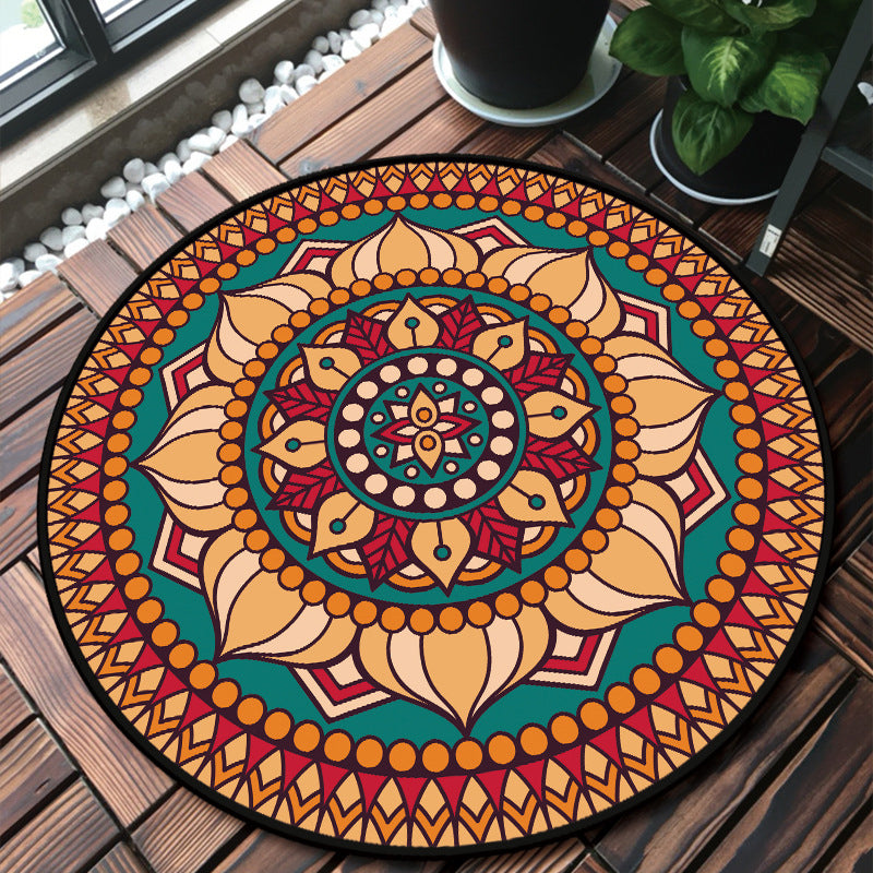 Unique Multicolored Mandala Rug Synthetics Moroccan Rug Stain Resistant Non-Slip Backing Machine Washable Rug for Front Door