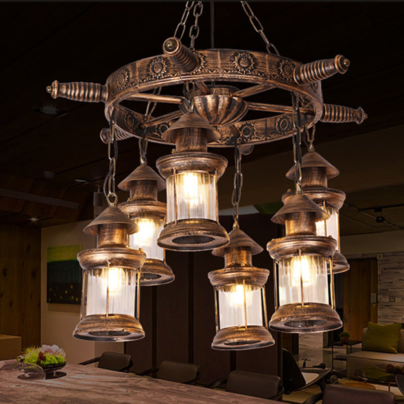 6-Light Clear Glass Hanging Chandelier Industrial Antique Brass Wagon Wheel Dining Room Pendant Light Fixture