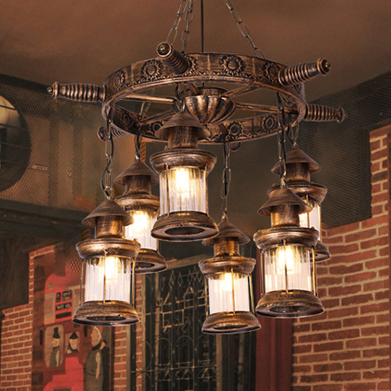 6-Light Clear Glass Hanging Chandelier Industrial Antique Brass Wagon Wheel Dining Room Pendant Light Fixture