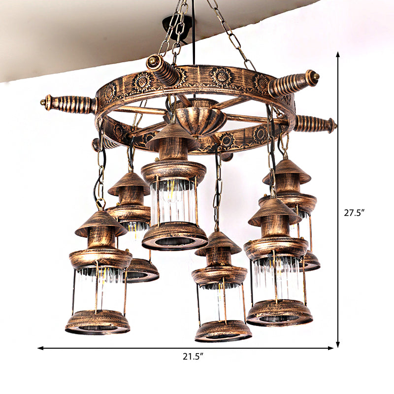 6-Light Clear Glass Hanging Chandelier Industrial Antique Brass Wagon Wheel Dining Room Pendant Light Fixture