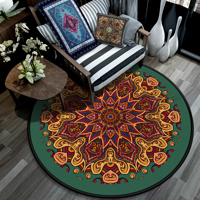 Retro Mandala Indoor Rug Dark Color Moroccan Carpet Polypropylene Non-Slip Pet Friendly Washable Rug for Sitting Room