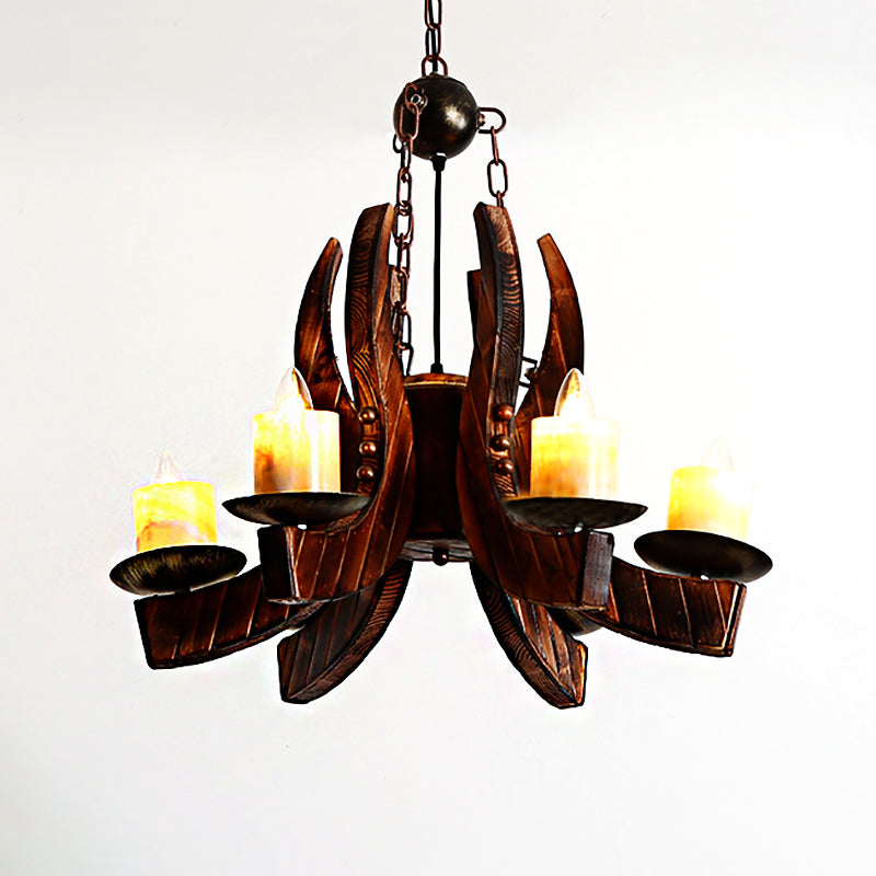 Cylinder Living Room Pendant Chandelier Rustic Style Marble 4 Lights Brown Hanging Fixture with Wood