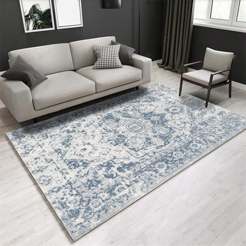 Whitewashed Light Blue Floral Rug Polyester Moroccan Carpet Anti-Slip Backing Stain Resistant Machine Washable Rug for Sitting Room