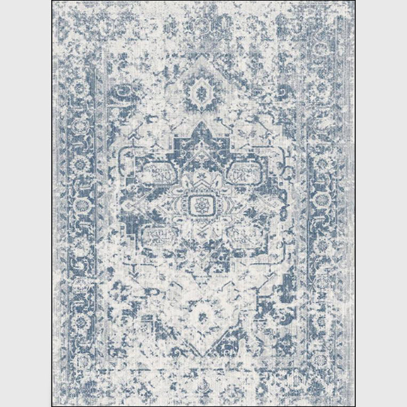 Whitewashed Light Blue Floral Rug Polyester Moroccan Carpet Anti-Slip Backing Stain Resistant Machine Washable Rug for Sitting Room