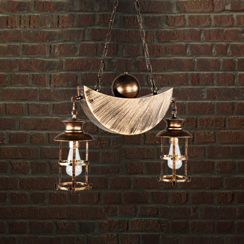 Caged Living Room Pendant Chandelier Retro Industrial Metal 2 Lights Gold/Silver Hanging Fixture