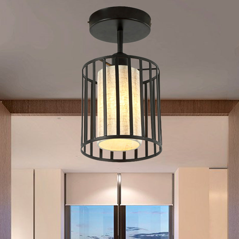 One Light Cylinder/Barrel Semi Flush Light Industrial Black Metal Lighting Fixture for Corridor with Fabric Shade