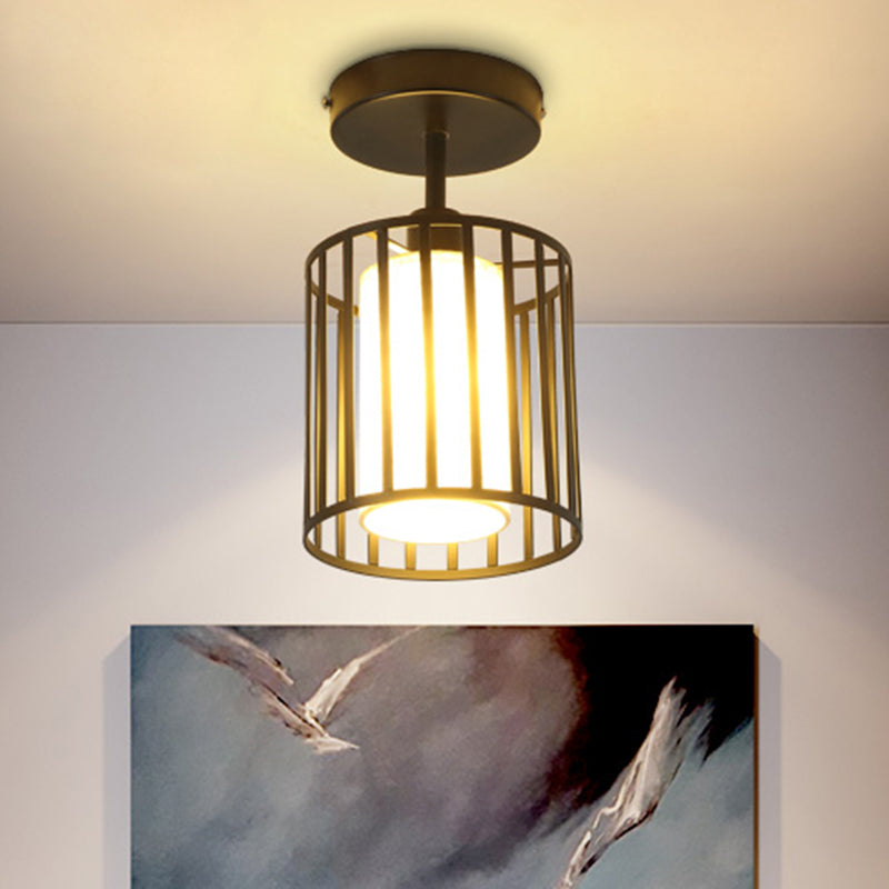 One Light Cylinder/Barrel Semi Flush Light Industrial Black Metal Lighting Fixture for Corridor with Fabric Shade