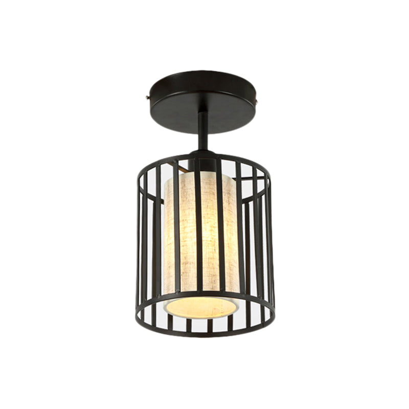 One Light Cylinder/Barrel Semi Flush Light Industrial Black Metal Lighting Fixture for Corridor with Fabric Shade