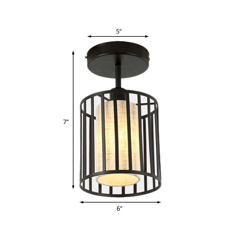 One Light Cylinder/Barrel Semi Flush Light Industrial Black Metal Lighting Fixture for Corridor with Fabric Shade