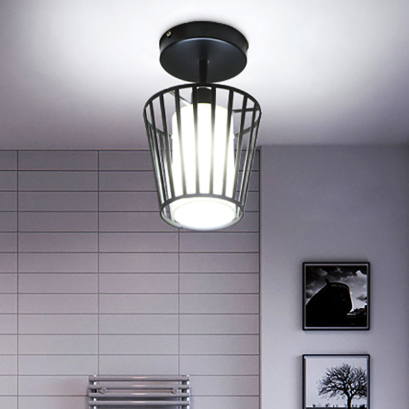 One Light Cylinder/Barrel Semi Flush Light Industrial Black Metal Lighting Fixture for Corridor with Fabric Shade