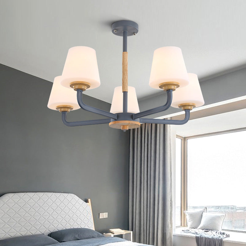 Cone Chandelier Light Fixture Modernism White Glass 3/5/6 Lights Hanging Ceiling Light in Grey/White/Green for Bedroom