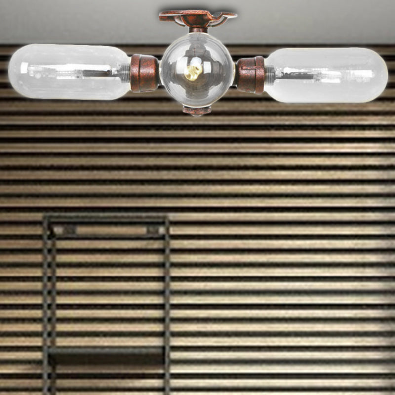 Clear Glass Semi Mount Lighting Industrial Weathered Copper 3/4/5 Light Oval Shade Indoor Ceiling Light with Pipe Design