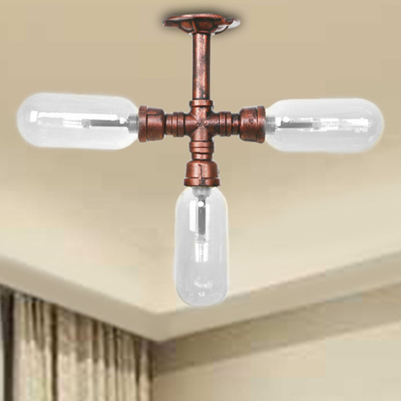 Clear Glass Semi Mount Lighting Industrial Weathered Copper 3/4/5 Light Oval Shade Indoor Ceiling Light with Pipe Design