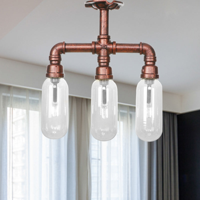 Clear Glass Semi Mount Lighting Industrial Weathered Copper 3/4/5 Light Oval Shade Indoor Ceiling Light with Pipe Design