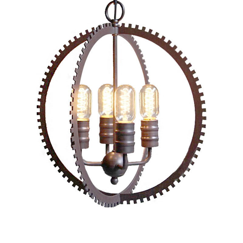 4 Lights Ceiling Light Industrial Globe Shade Metal Hanging Chandelier in Bronze for Dining Room with Gear