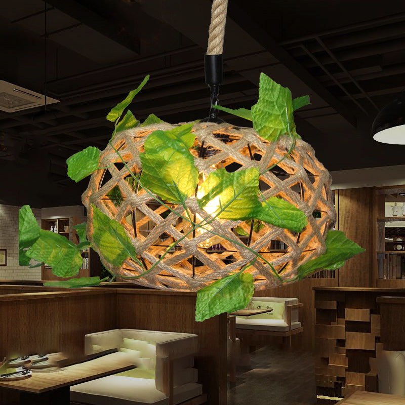 Beige Drum Ceiling Light Industrial Hemp Rope Single Restaurant Hanging Pendant Light with Decorative Ivy