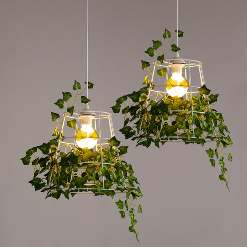 Iron Tapered Cage Suspension Lighting Retro 1 Head Dining Room Pendant Ceiling Light with Decorative Ivy in Green