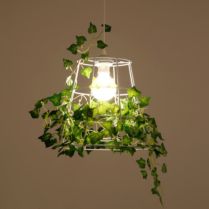 Iron Tapered Cage Suspension Lighting Retro 1 Head Dining Room Pendant Ceiling Light with Decorative Ivy in Green