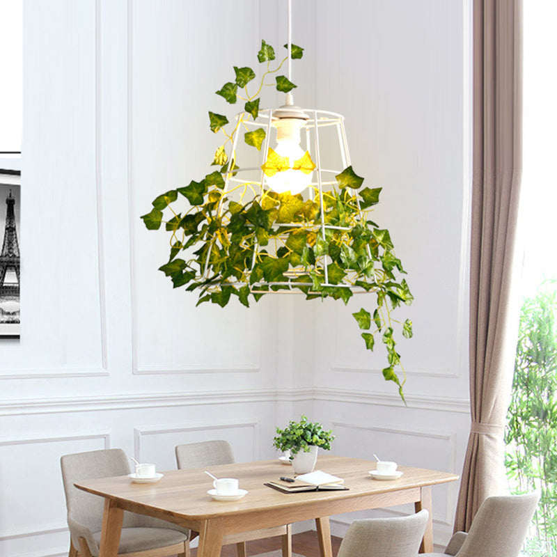 Iron Tapered Cage Suspension Lighting Retro 1 Head Dining Room Pendant Ceiling Light with Decorative Ivy in Green