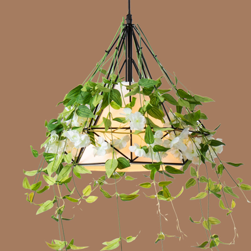 Diamond Iron Plant Pendant Light Antique Single Restaurant Hanging Light with Tapered Fabric Shade in Green