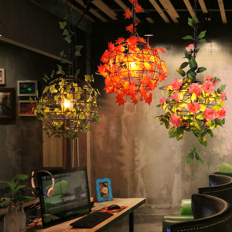 Industrial Globe Ceiling Light Single Iron Hanging Pendant Light with Artificial Plant