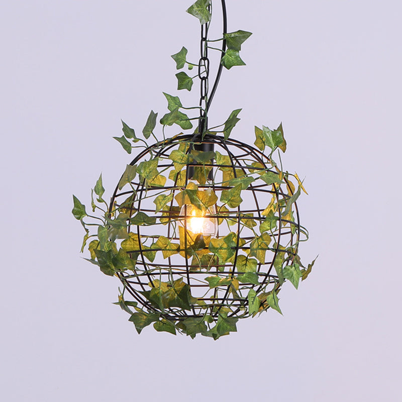 Industrial Globe Ceiling Light Single Iron Hanging Pendant Light with Artificial Plant