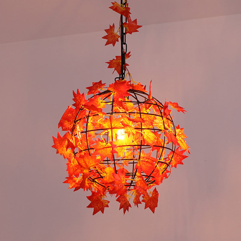 Industrial Globe Ceiling Light Single Iron Hanging Pendant Light with Artificial Plant