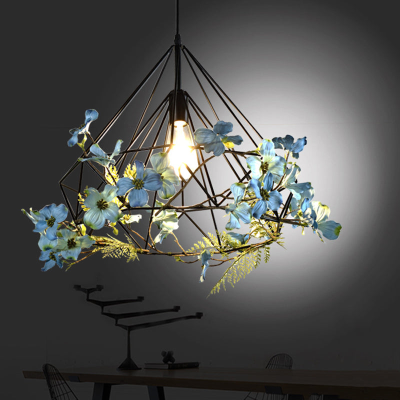 Blue-White Diamond Hanging Light Rustic Metallic 1 Bulb Restaurant Pendant Light Fixture with Artificial Flower