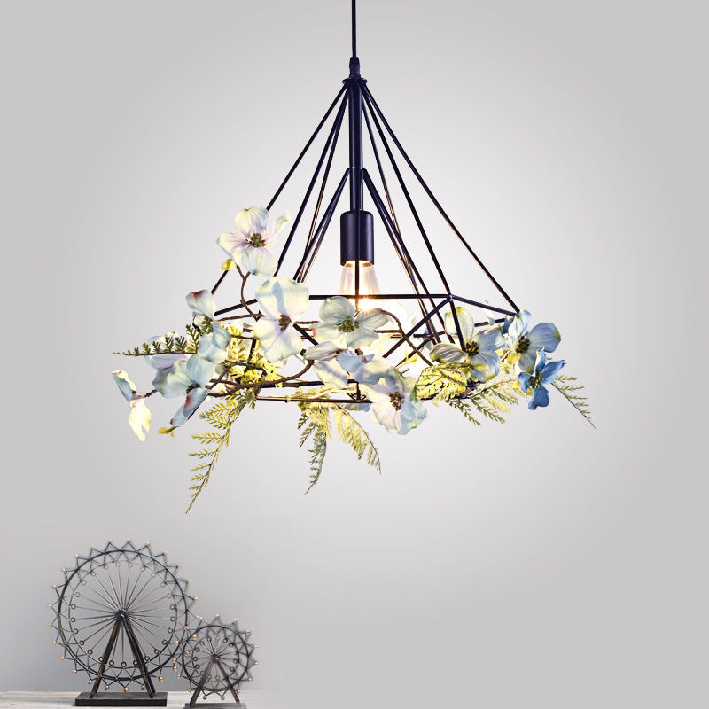 Blue-White Diamond Hanging Light Rustic Metallic 1 Bulb Restaurant Pendant Light Fixture with Artificial Flower