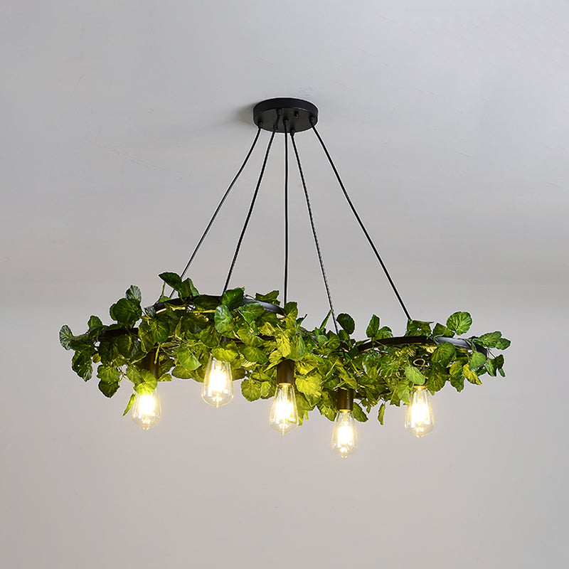 Green Chandelier Light Antique Iron Wagon Wheel Ceiling Lighting with Plant Decor for Restaurant