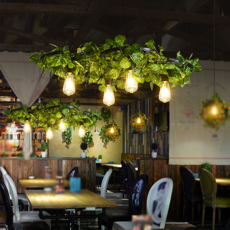 Green Chandelier Light Antique Iron Wagon Wheel Ceiling Lighting with Plant Decor for Restaurant