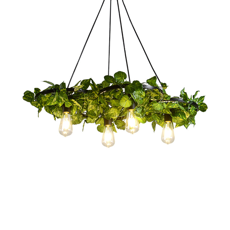 Green Chandelier Light Antique Iron Wagon Wheel Ceiling Lighting with Plant Decor for Restaurant