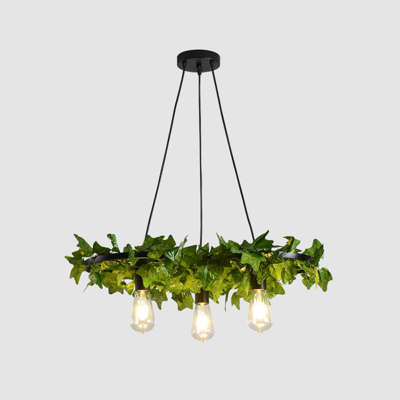 Green Chandelier Light Antique Iron Wagon Wheel Ceiling Lighting with Plant Decor for Restaurant