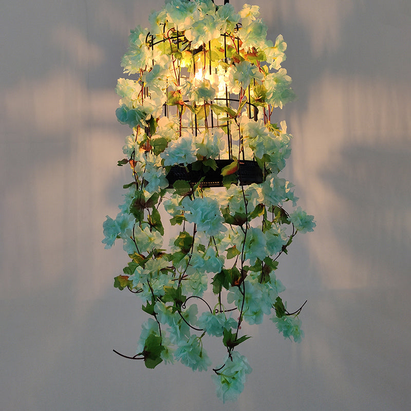 Birdcage Bar Ceiling Light Industrial Iron Single Light Green Hanging Pendant Light with Flower Decor