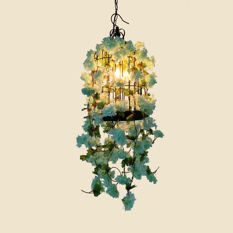 Birdcage Bar Ceiling Light Industrial Iron Single Light Green Hanging Pendant Light with Flower Decor