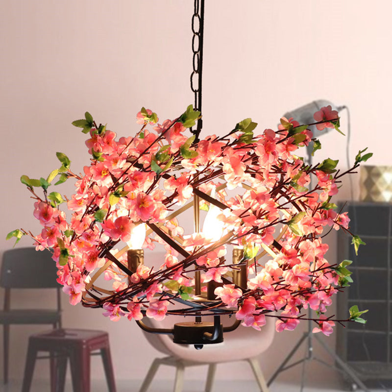 Metallic Cage Suspension Light Retro 4 Bulbs Restaurant Chandelier Light with Decorative Flower in Pink